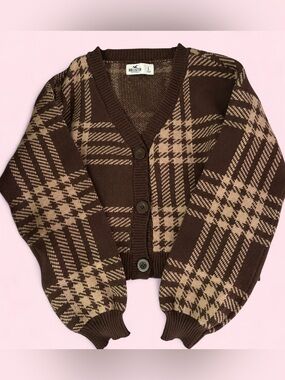 Hollister Brown and Tan Plaid V-Neck Cardigan
